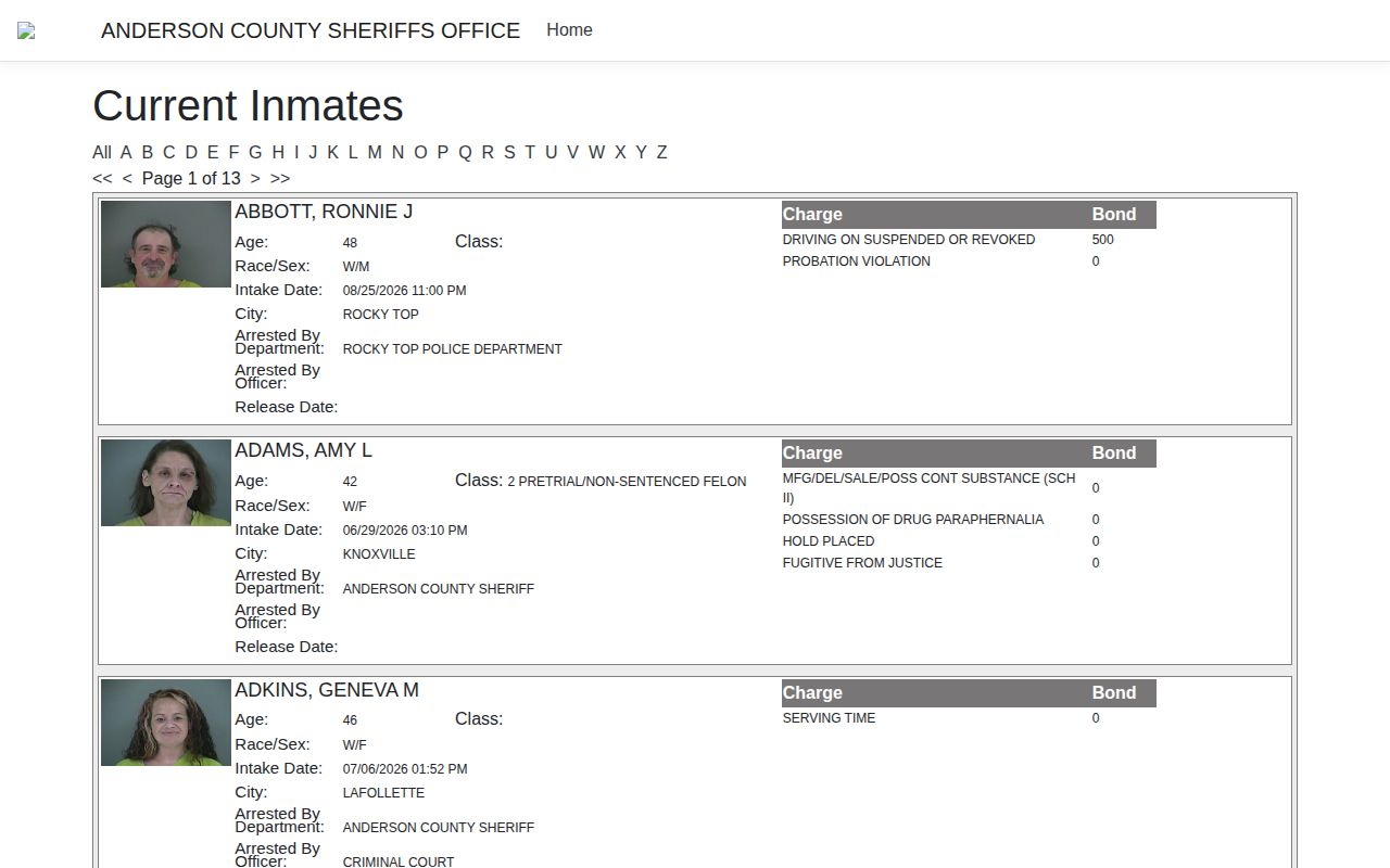 Anderson County Detention Facility current roster and booking-record search interface